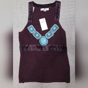 Abene Beaded Plum V-Neck Sleeveless Sweater Size 1